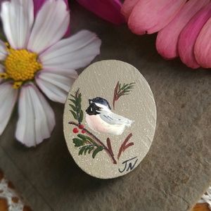 Winter Chickadee brooch pin painted wood Christmas bird
